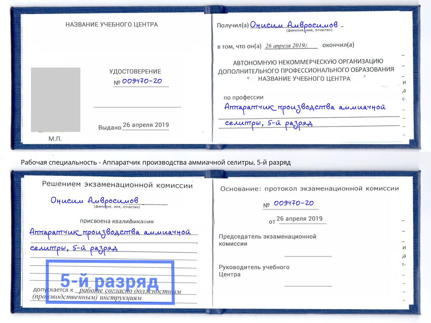 корочка 5-й разряд Аппаратчик производства аммиачной селитры Асбест