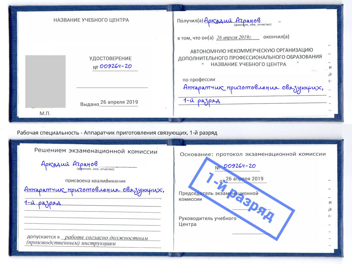 корочка 1-й разряд Аппаратчик приготовления связующих Асбест