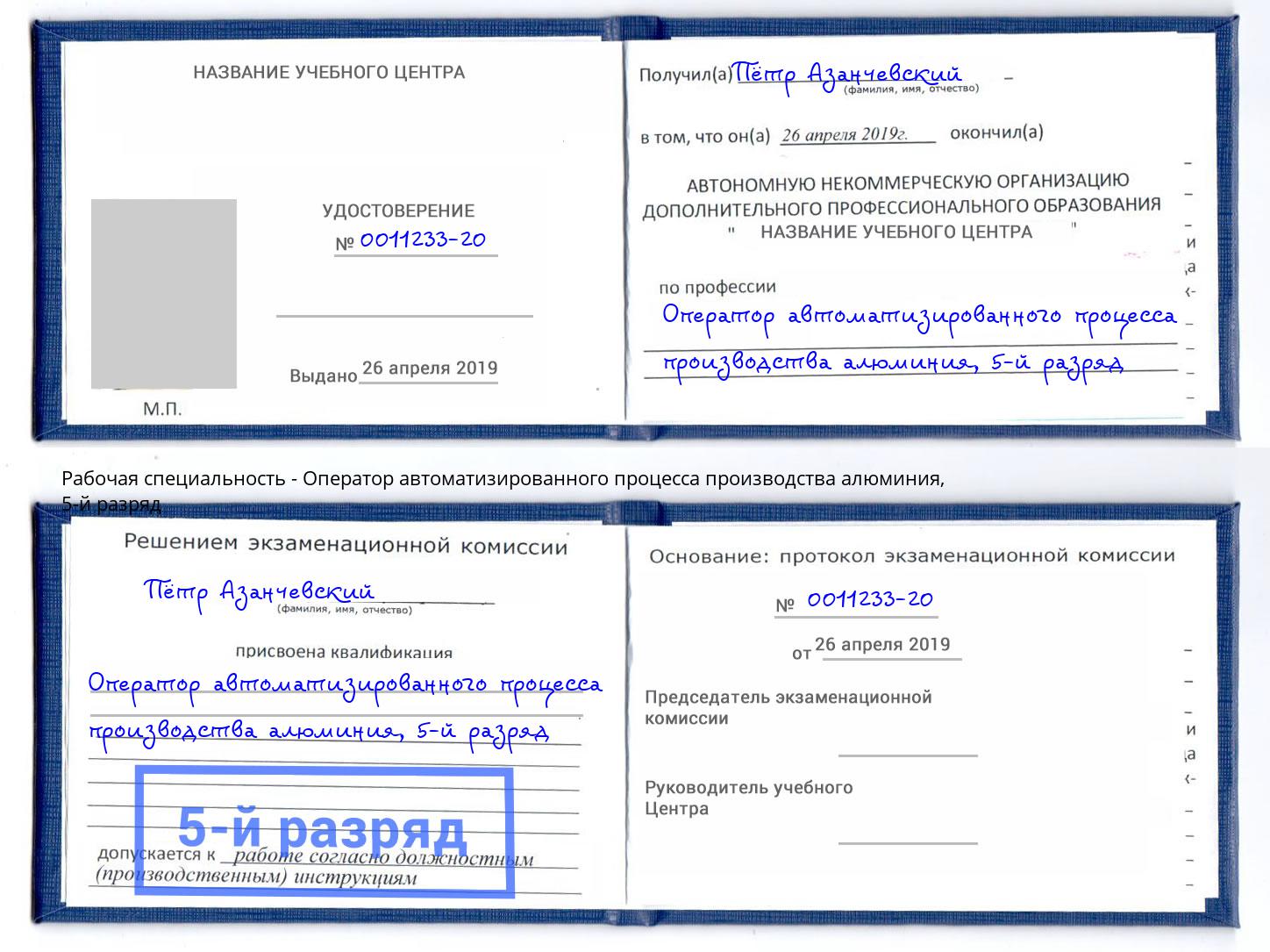 корочка 5-й разряд Оператор автоматизированного процесса производства алюминия Асбест